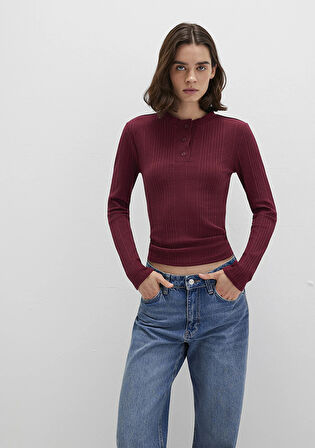 Düğme Detaylı Bordo Tişört 1613374-70427