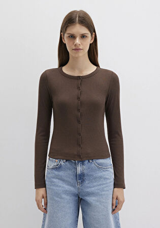 Düğme Detaylı Kahverengi Uzun Kollu Tişört 1613330-88067