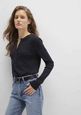 Düğme Detaylı Siyah Tişört 1613401-900