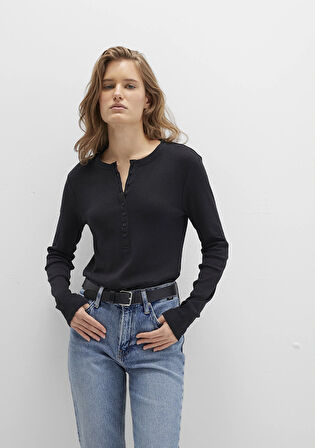 Düğme Detaylı Siyah Tişört 1613401-900
