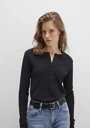 Düğme Detaylı Siyah Tişört 1613401-900