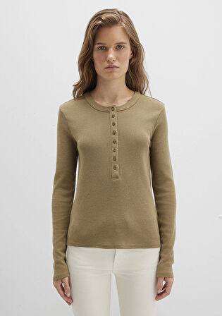 Düğme Detaylı Haki Tişört 1613401-71567