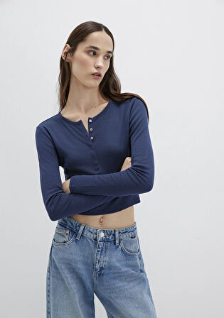 Düğme Detaylı Uzun Kollu Siyah Crop Basic Tişört 1613403-70487
