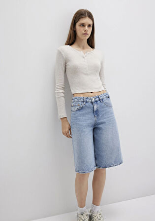 Düğme Detaylı Uzun Kollu Bej Crop Basic Tişört 1613403-80084
