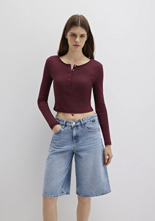 Düğme Detaylı Uzun Kollu Bordo Crop Basic Tişört 1613403-70426