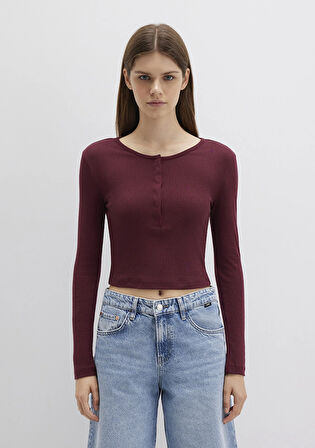 Düğme Detaylı Uzun Kollu Bordo Crop Basic Tişört 1613403-70426