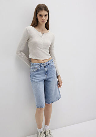 Düğme Detaylı Uzun Kollu Bej Crop Basic Tişört 1613403-80084