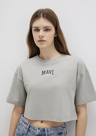 Mavi Logo Baskılı Gri Crop Tişört 1613411-70112