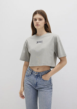 Mavi Logo Baskılı Gri Crop Tişört 1613411-70112