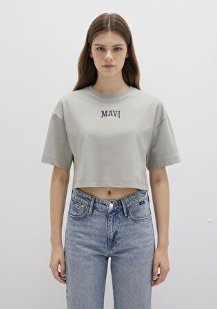 Mavi Logo Baskılı Gri Crop Tişört 1613411-70112