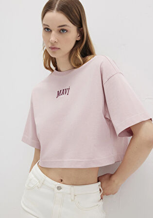 Mavi Logo Baskılı Pembe Crop Tişört 1613411-71018