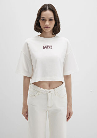 Mavi Logo Baskılı Ekru Crop Tişört 1613411-70057