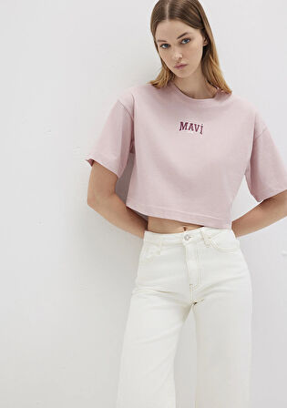 Mavi Logo Baskılı Pembe Crop Tişört 1613411-71018