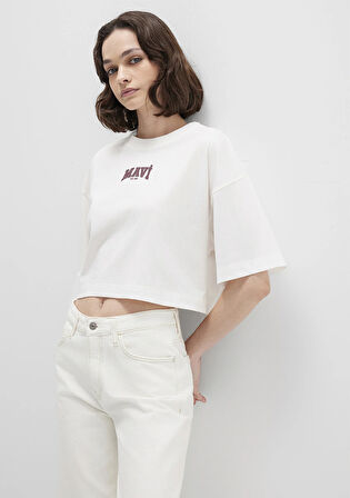 Mavi Logo Baskılı Ekru Crop Tişört 1613411-70057