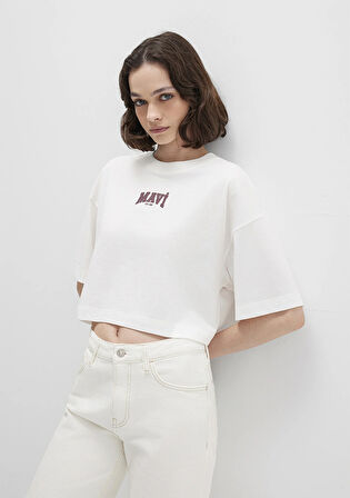 Mavi Logo Baskılı Ekru Crop Tişört 1613411-70057