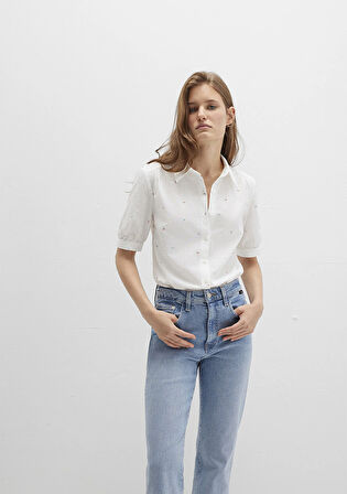 Çiçek Baskılı Beyaz Gömlek 1210060-90701