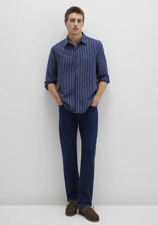 Keten Karışımlı Çizgili Lacivert Gömlek 0211699-90920