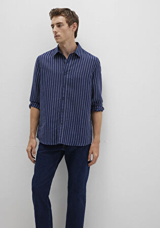 Keten Karışımlı Çizgili Lacivert Gömlek 0211699-90920