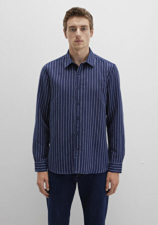 Keten Karışımlı Çizgili Lacivert Gömlek 0211699-90920
