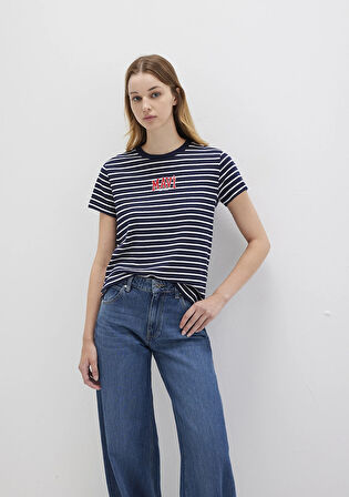 Mavi Logo Baskılı Çizgili Lacivert Tişört 1613562-88030