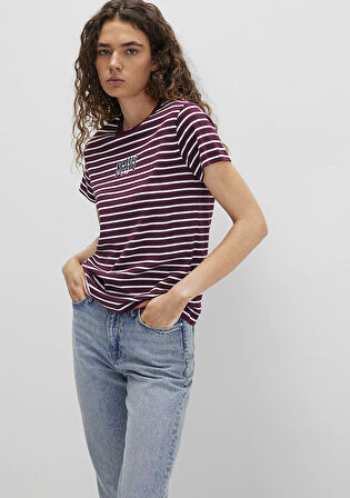 Mavi Logo Baskılı Çizgili Bordo Tişört 1613562-87982