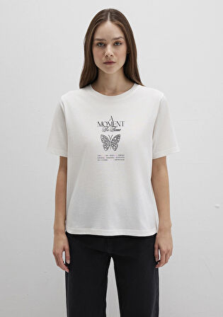 Kelebek Baskılı Ekru Tişört 1613462-70057