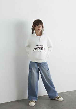 Baskılı Yarı Fermuarlı Ekru Sweatshirt 7S10130-70057