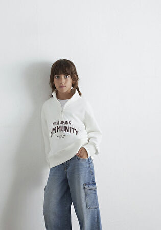 Baskılı Yarı Fermuarlı Ekru Sweatshirt 7S10130-70057