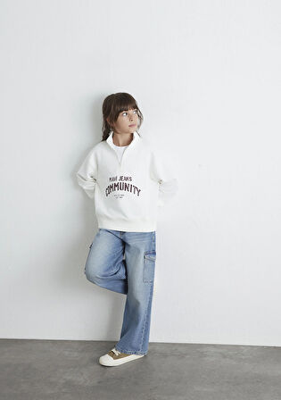 Baskılı Yarı Fermuarlı Ekru Sweatshirt 7S10130-70057