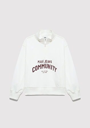 Baskılı Yarı Fermuarlı Ekru Sweatshirt 7S10130-70057