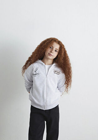 Looney Tunes Baskılı Kapüşonlu Gri Sweatshirt 7S10134-88467