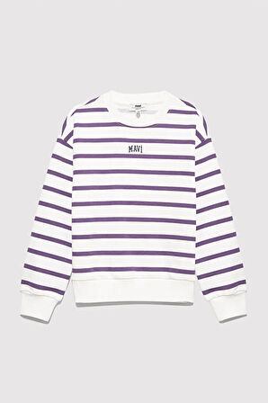 Logo Baskılı Mor Çizgili Sweatshirt 7S10038-88138
