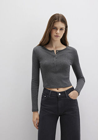 Düğme Detaylı Uzun Kollu Antrasit Crop Basic Tişört 1613403-80023