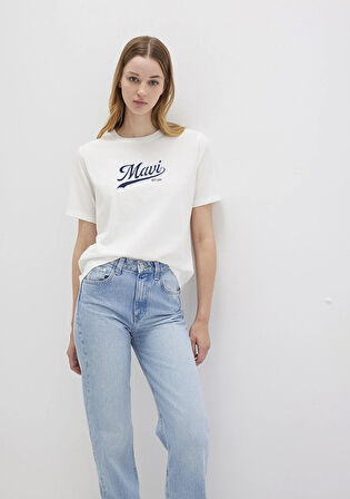 Mavi Logo Baskılı Ekru Tişört 1613565-80194