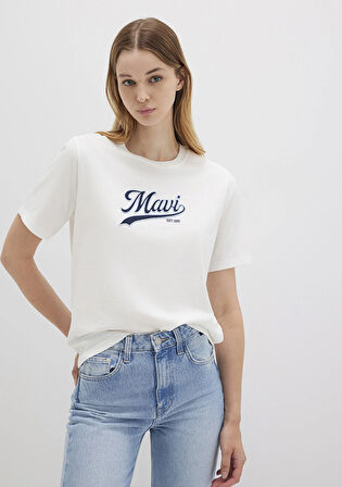 Mavi Logo Baskılı Ekru Tişört 1613565-80194