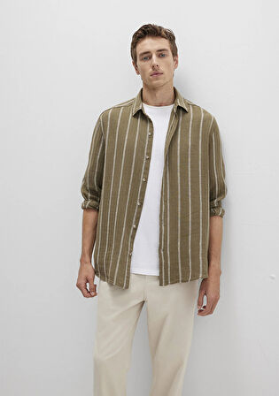 Keten Karışımlı Çizgili Haki Gömlek 0211730-91111