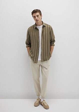 Keten Karışımlı Çizgili Haki Gömlek 0211730-91111