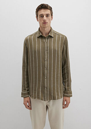 Keten Karışımlı Çizgili Haki Gömlek 0211730-91111