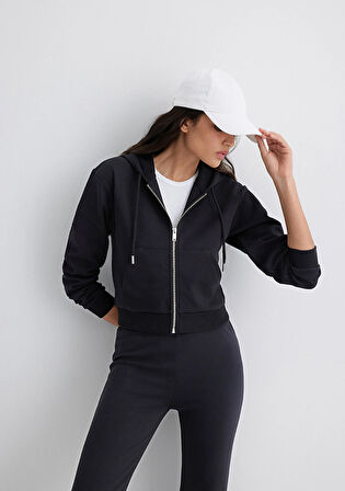 Kapüşonlu Siyah İnterlok Sweatshirt 1S10424-900