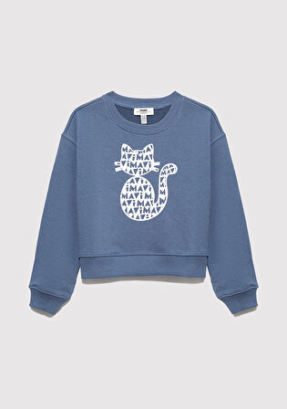 Mavi Kedi Baskılı Mavi Sweatshirt 7S10133-86702
