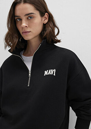 Mavi Logo Baskılı Yarı Fermuarlı Siyah Sweatshirt 1S10179-900