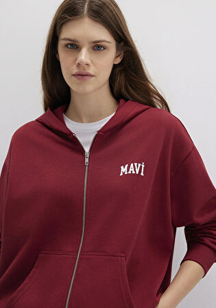 Mavi Logo Baskılı Kapüşonlu Fermuarlı Bordo Sweatshirt 1S10178-85493