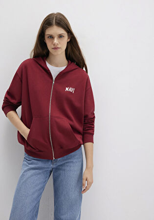 Mavi Logo Baskılı Kapüşonlu Fermuarlı Bordo Sweatshirt 1S10178-85493