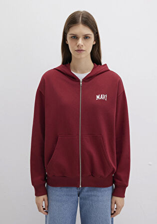 Mavi Logo Baskılı Kapüşonlu Fermuarlı Bordo Sweatshirt 1S10178-85493