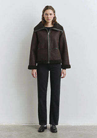 Suni Kürk Detaylı Kahverengi Suni Deri Ceket 1110718-70219