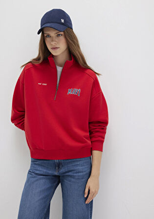 Mavi Logo Baskılı Yarı Fermuarlı Kırmızı Sweatshirt 1S10373-90742