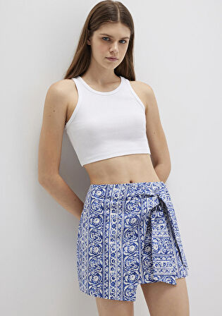 Bağlama Detaylı Baskılı Lacivert Mini Etek 1310767-91087