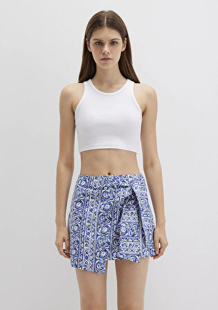 Bağlama Detaylı Baskılı Lacivert Mini Etek 1310767-91087