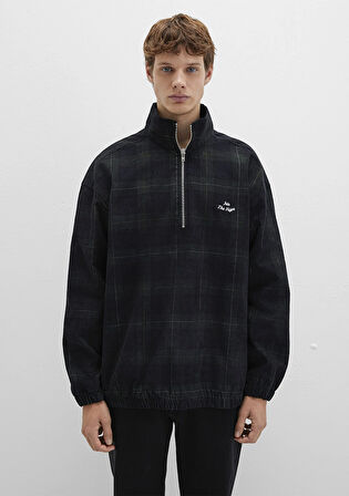 Yarı Fermuarlı Kareli Siyah Sweatshirt 0211777-91298