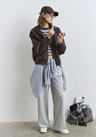 Sporty Lux Fermuarlı Kahverengi Sweatshirt 1S10295-70236
